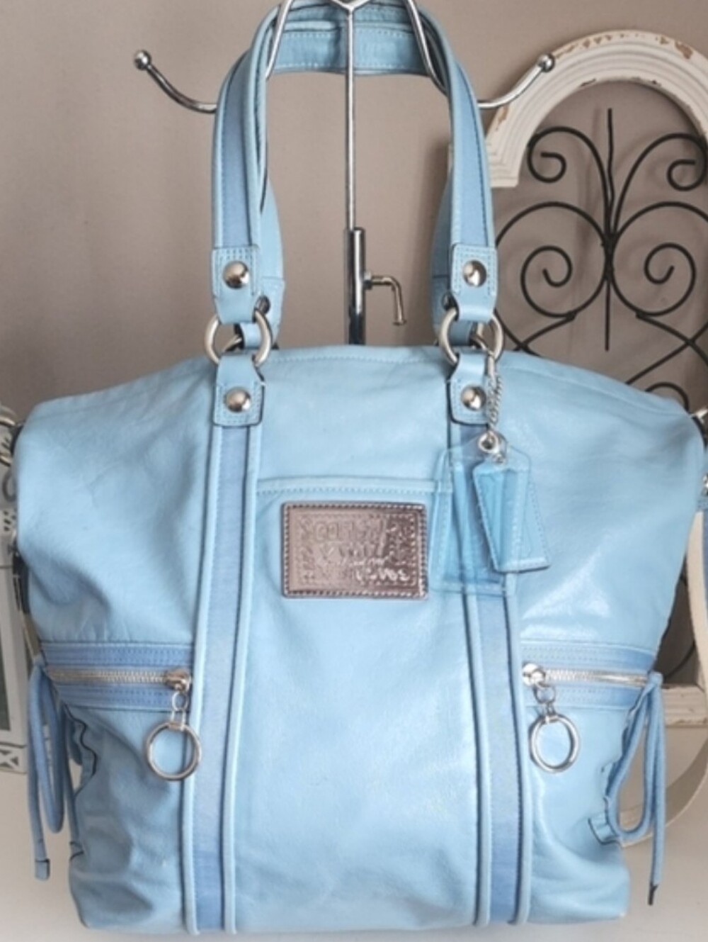 Coach Vintage Poppy Light Blue Patent Leather Tote Satchel Handbag